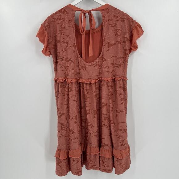 Anthropologie Ruffle Knit Mini Dress Pink Coral Tie Back Short Sleeve Size Small - Picture 6 of 11